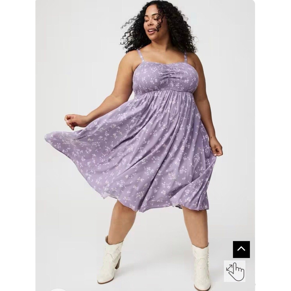Torrid Midi Challis Sweetheart Smocked Bust Dress nwt 2 purple floral “flaw”